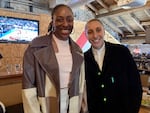 WNBA greats Nneka Ogwumike of the Seattle Storm and Diana Taurasi of the Phoenix Mercury at a women's NCAA Tournament watch party at Spirit of 77 on March 29, 2024, in Portland, Ore.