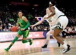 Satou Sabally of the Oregon Ducks drives to the basket against the Baylor Lady Bears during the first quarter in the semifinals of the 2019 NCAA Women's Final Four on April 5, 2019.