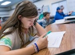 Sixth-grade student Ariana Parker during a LifeSkills Training class at Scio Middle School in Scio, Ore., Nov. 16, 2023. 