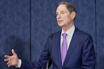 FILE - Sen. Ron Wyden, D-Ore., speaks during a event with healthcare advocates on the 60th anniversary of Medicaid at the Capitol, Wednesday, July 30, 2025, in Washington.