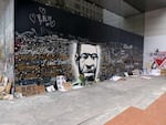 A portrait of George Floyd has been painted on plywood that lines the glass windows of downtown Portland's Apple Store. June 14, 2020.