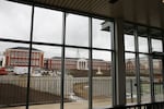A view of the main Franklin High School building through the windows of the new athletic center. Franklin was rebuilt under Portland Public Schools' 2012 construction bond.