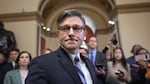Speaker of the House Mike Johnson, R-La., talks to reporters just after House Republicans narrowly approved their budget framework, at the Capitol in Washington, Thursday, April 10.