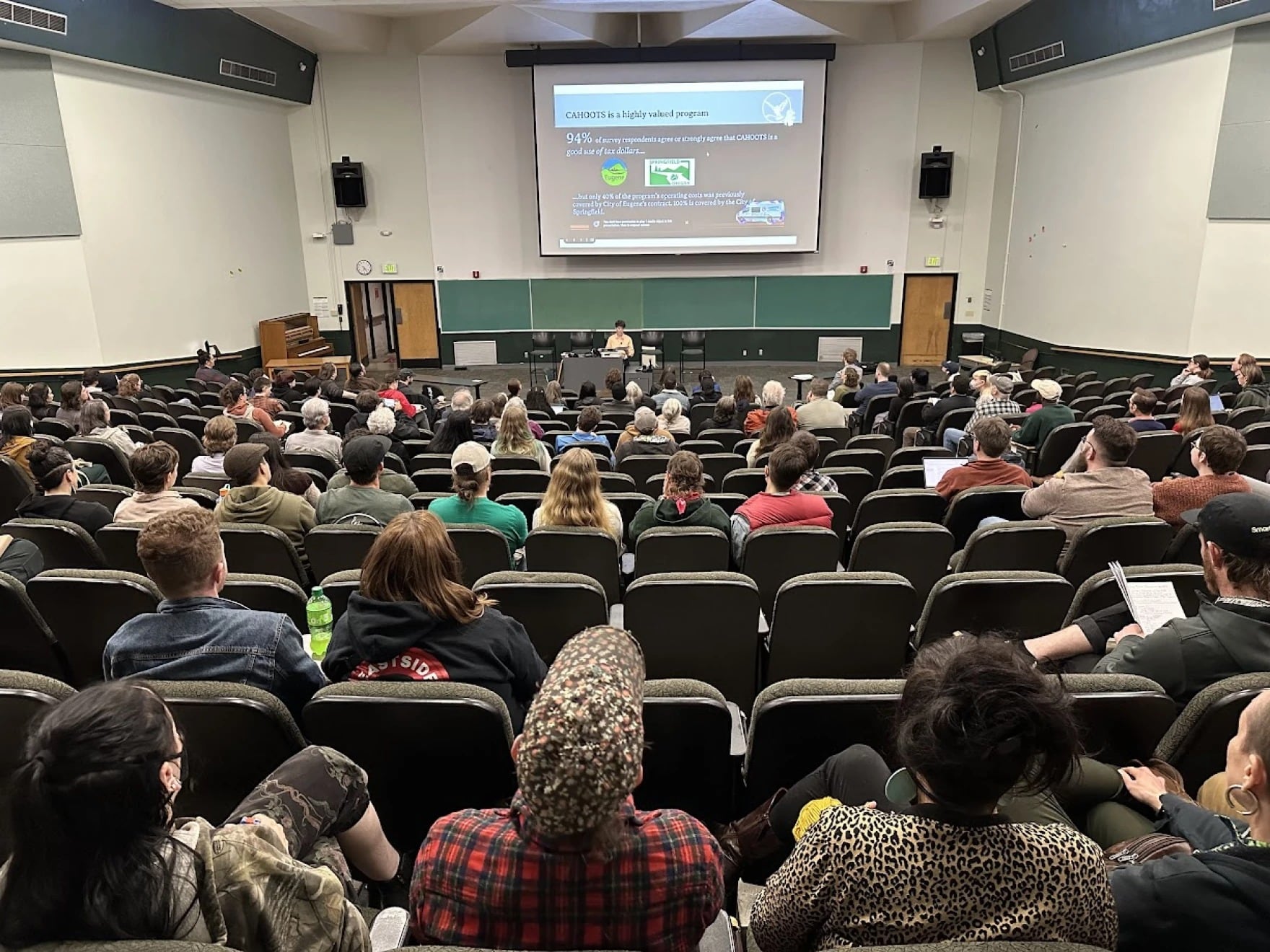 Roughly 200 people gathered at a town hall to discuss the value of CAHOOTS, April 10, 2025.