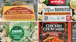 Side-by-side images of prepared foods with recalled chicken, including salads, mini burritos and chow mein.