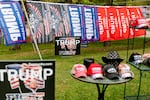 Trump merchandise for sale at a home on Oct. 4, 2024 in Hillsdale, Mich.