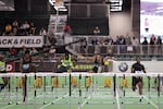 From left, Jarret Eaton, Kevin Craddock, Spencer Adams and Jeremy Tatham compete in the 60-meter hurdles at the USATF Indoor Championships on Saturday, March 12, 2016, in Portland.