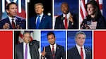 Clockwise from top left: Florida Gov. Ron DeSantis, Donald Trump, South Carolina Sen. Tim Scott, North Dakota Gov. Doug Burgum, Vivek Ramaswamy and former New Jersey Gov. Chris Christie.