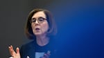 Oregon Gov. Kate Brown issues a shut down of restaurants at a press conference in Portland, Oregon, on March 16, 2020.