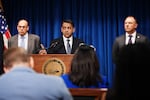 Daniel Rosen, U.S. attorney for the District of Minnesota, center, speaks during a news conference, Wednesday, Oct. 7, 2026, in Minneapolis.