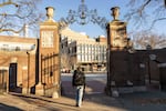 A person walks on Harvard University's campus.