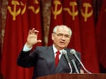 Soviet President Mikhail Gorbachev addresses a group of 150 business executives in San Francisco, Monday, June 5, 1990. Russian news agencies are reporting that former Soviet President Mikhail Gorbachev has died at 91. The Tass, RIA Novosti and Interfax news agencies cited the Central Clinical Hospital.