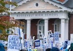 FILE: Hundreds of people attend an Portland Association of Teachers rally held at Roosevelt High School in Portland, Ore., on Nov. 1, the first day of the strike. 