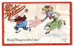 An example of one of many early 20th century postcards by cartoonist Clare Victor Dwiggins — "Dwig" — showing women pursuing men in a leap year.
