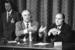 Soviet leader Mikhail Gorbachev gestures during a joint news conference with French President Francois Mitterrand who appeared to be supporting Gorbachev's proposal to the U.S. to ban weapons in space, but also rejected the Soviet leader's offer of direct disarmament talks with France at the Elysee Palace in Paris, Friday Oct. 4, 1985.