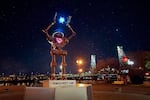 Artist Tyler FuQua's installation at the Salmon Street fountain in downtown Portland, 'Mechan 42: Space Explorer,' was commissioned by the Portland Winter Light Festival.