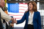 Rep. Christine Drazan greets supporters at the Gunderson Marine & Iron manufacturing facility in Portland, Ore. on Oct. 27, 2025.