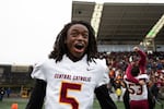 Xavier Simpson expresses shock after winning the Oregon 6A football championship at Hillsboro Stadium in Hillsboro, Ore., Saturday, Dec. 7, 2019. Central Catholic defeated Lake Oswego 49-28.