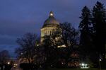 The Legislative Building is seen at dusk Tuesday, Feb. 15, 2022, following a session of the Legislature in Olympia, Wash.