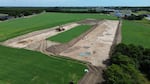 An aerial shot shows an archaeological site in Soften near Aarhus, Denmark, on June 22, 2026.
