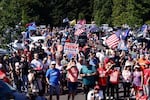 Supporters of President Donald Trump gather in Oregon City on Sept. 7, 2020, for a vehicle rally.