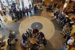 A drum circle plays at a ceremony commemorating the transfer of the Fred L. Mitchell & Family Collection to the Confederated Tribes of the Umatilla Indian Reservation at the Nixyaawii Governance Center in Mission, Ore., March 31, 2026.
