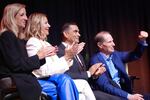 From left, WNBA Commissioner Cathy Engelbert, Lisa Bhathal Merage, Alex Bhathal and U.S. Sen. Ron Wyden at the announcement of a new Portland WNBA team at the Moda Center on Sept. 18, 2024.