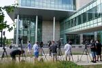 TV cameras set up outside the Lake County courthouse for the extradition hearing for Kyle Rittenhouse Friday, Aug. 28, 2020, in Waukegan, Ill. Prosecutors have charged the 17-year-old from Illinois in the fatal shooting of two protesters in Kenosha, Wis., and the wounding of a third during violent demonstrations over Sunday's police shooting of Jacob Blake.