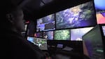 In this video still, Akel Kevis-Stirling pilots the remote-operated vehicle Jason up the caldera wall of the Axial Seamount during a research trip in June 2022. 