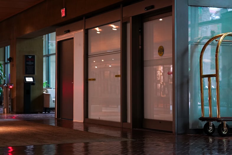 The area where former food and beverage employee Bruce Valentine Whitman crashed a rental car carrying several pipe bombs through the glass windows and into the Multnomah Athletic Club in Portland, Ore., on May 5, 2026.