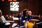 State Sen. Sara Gelser, D-Corvallis, listens to arguments on the floor of the Oregon Senate on Monday, Jan. 14, 2019.