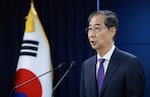 South Korean acting President Han Duck-soo speaks during a press conference at the Government Complex in Seoul, South Korea, May 1, 2025.