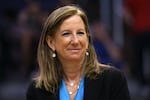 FILE - WNBA Commissioner Cathy Engelbert is honored during a Women of Inspiration ceremony during halftime of a WNBA basketball game between the Phoenix Mercury and the Seattle Storm, Sept. 3, 2019, in Phoenix. (AP Photo/Ross D. Franklin, file)