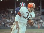 This is an undated photo of Cleveland Browns running back Jim Brown. Brown was an All-American at Syracuse in 1956 and NFL Rookie of Year in 1957. He also led the NFL in rushing 8 times, 8-time All-Pro in 1957 to 1961 and 1963 to 1965, 3-time MVP in 1958,1963 and 1965 with Cleveland, ran for 12,312 yards and scored 126 touchdowns in just 9 seasons.