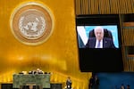 Palestinian President Mahmoud Abbas speaks via pre-recorded video after being denied a visa to attend in person during the 81st session of the United Nations General Assembly at United Nations headquarters, Thursday, Sept. 24, 2026.