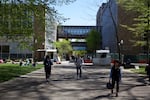 Students walk across the South Park blocks in the heart of Portland State University's downtown campus. 