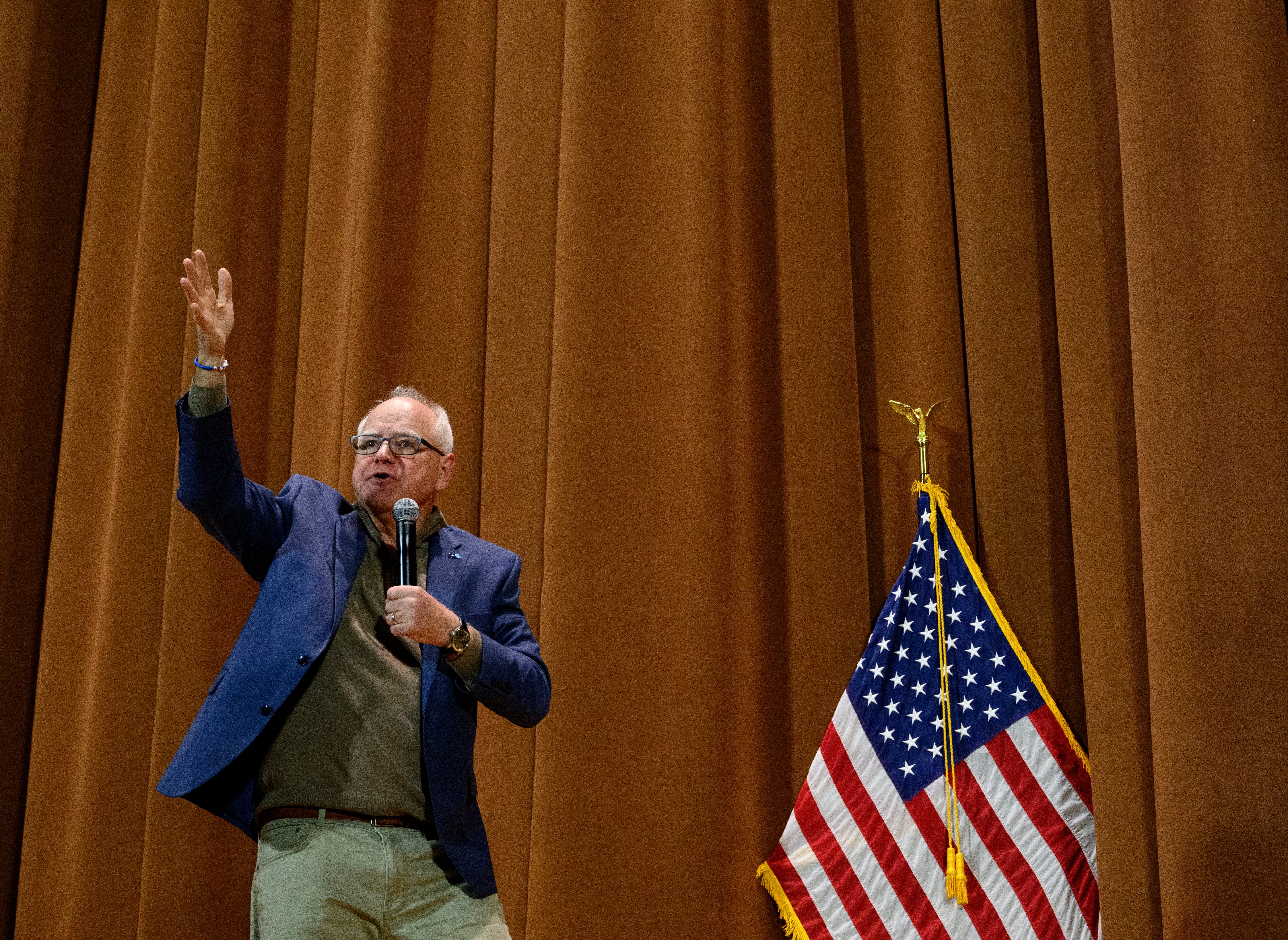 Minnesota Gov. Tim Walz speaks at a town hall meeting at the DeYor Performing Arts Center on April 7, 2025, in Youngstown, Ohio.