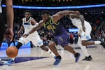 New Orleans Pelicans forward Zion Williamson (1) drives to the basket in a game against the Minnesota Timberwolves in New Orleans, Tuesday, Jan. 7, 2025. Williamson will sit out Wednesday's contest against the Trail Blazers.