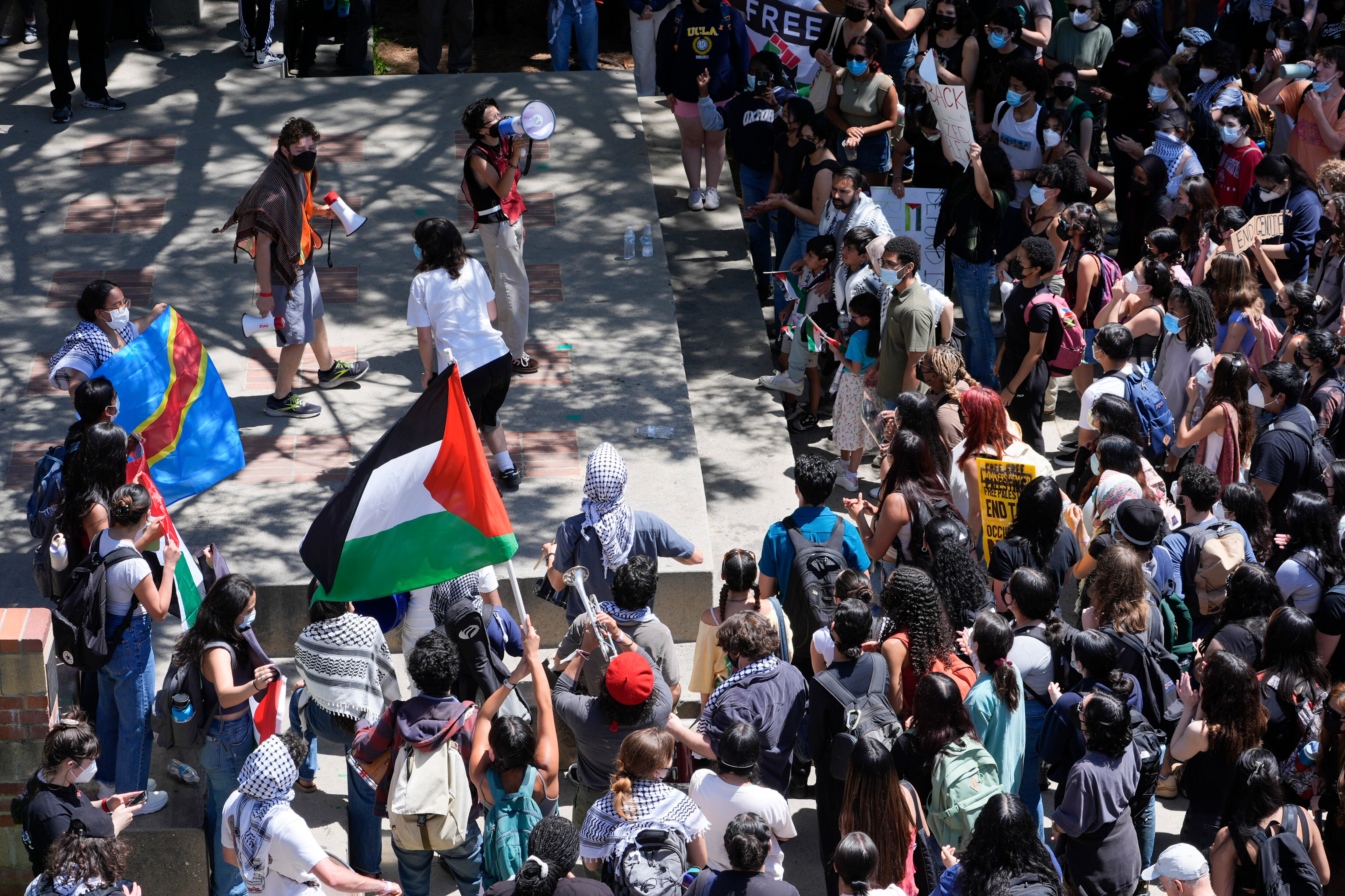 Students gather on the UCLA campus to protest the Israel-Hamas war, Monday, April 29, 2024, in Los Angeles.