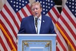 President Donald Trump speaks at a dinner at his Mar-a-Lago club, Friday, Oct. 16, 2026, in Palm Beach, Fla.