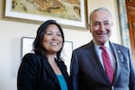 Senate Majority Leader poses for a photo with Julie Su, U.S. President Joe Biden's nominee to be the next Secretary of Labor, in his office at the U.S. Capitol Building on March 28, 2023 in Washington, DC. Su previously served as the Deputy Secretary of Labor. (Photo by Anna Moneymaker/Getty Images)