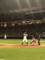 Mark Triolo stands in the batter's box during a baseball game between the Portland Pickles and the Mazatlán Venados in Mazatlán, Mexico.