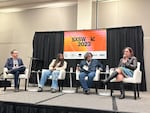 Launch event for the Human Artistry Campaign at SXSW in Austin, Texas, March 16, 2023. From left: Rob Levine, Billboard; Jessy Wilson, artist; Dan Navarro, songwriter; Erin Reilly, University of Texas.