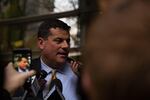 Defense attorney Matt Schindler answers questions following the delivery of the verdict outside the federal courthouse in Portland.