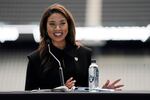 Sandra Douglass Morgan speaks during a news conference announcing her as the new president of the Las Vegas Raiders NFL football team Thursday, July 7, 2022, in Las Vegas.