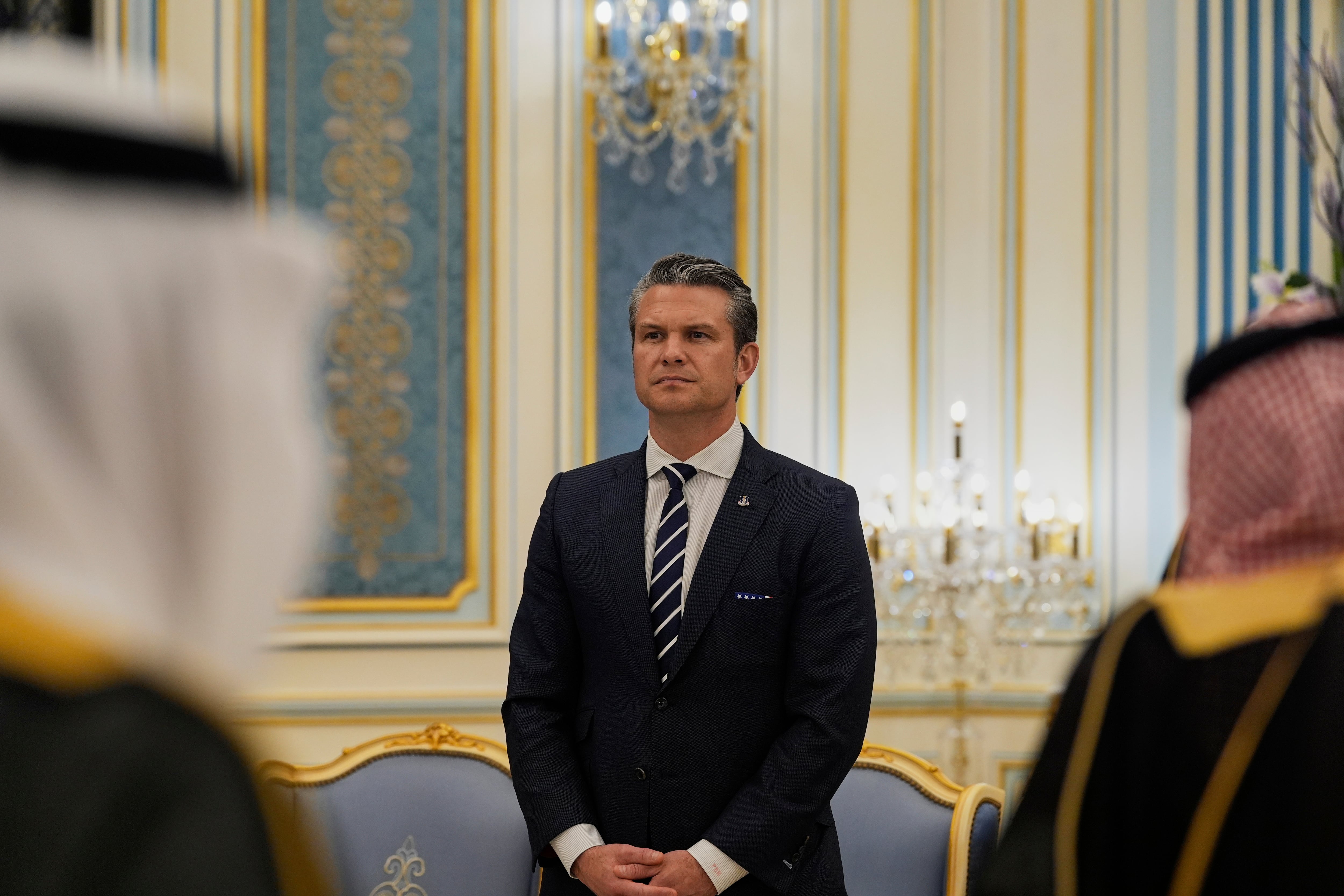 Secretary of Defense Pete Hegseth attends a welcome ceremony for President Donald Trump hosted by Saudi Crown Prince Mohammed bin Salman at the Royal Palace in Riyadh, Saudi Arabia, Tuesday, May 13, 2025.