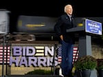 Then-Democratic presidential candidate Joe Biden speaks at the Amtrak Johnstown Train Station, Sept. 30, 2020, in Johnstown, Pa.