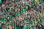 The University of Oregon student second sings along to "Shout" during the second half of an NCAA football game against Fresno Stateon Saturday, Sept. 4, 2021, in Eugene, Ore.