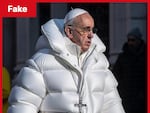 AI-generated image: a fake image of Pope Francis wearing a white puffer jacket.