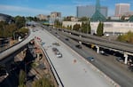 Construction is seen from above on the Interstate 5 near exit 301 on Oct. 5, 2026 in Portland, Ore. All construction on the southbound lanes of I-5 through Portland’s Rose Quarter is set to finish on Oct. 16 after five weeks of closure.